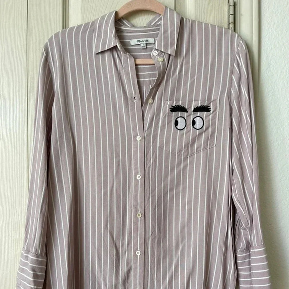 Madewell Women's Top‎  Size S Pink Stripe Classic Ex-boyfriend Button Up Satin - Picture 1 of 7